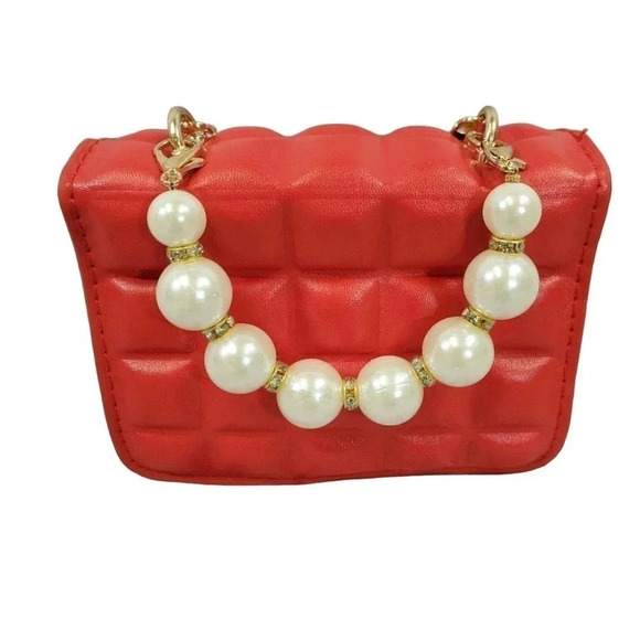 Red Golden Mini Clutch Handbag Purse. Pearls and Sparkles. - Picture 2 of 10